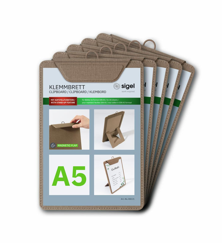 SIGEL KB121/5 Klemmbretter A5, beige, mit Aufstellfunktion, 5er Pack, stabile, stylische Clipboards