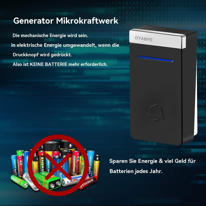 Funk Turklingel Batterielose,IP44 Funkklingel Aussen Wasserdicht,Schnurlose Türklingeln zum Einsteck