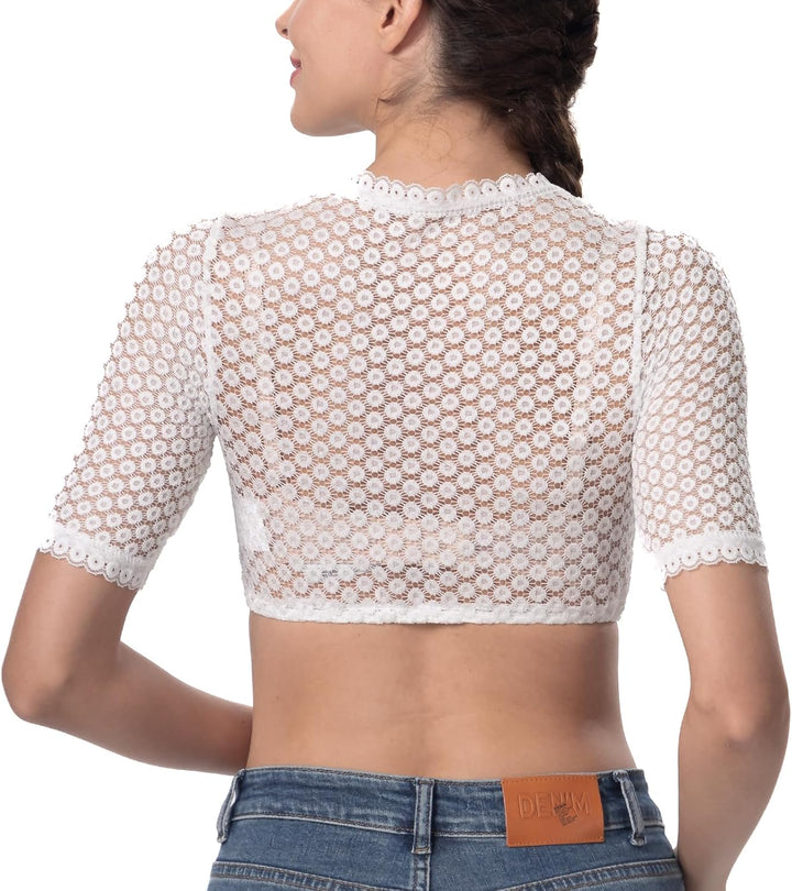 Dirndlparty Dirndlbluse Damen Schlicht, Kurzarm Dirndl Bluse Creme Spitze Trachtenbluse Oktoberfest