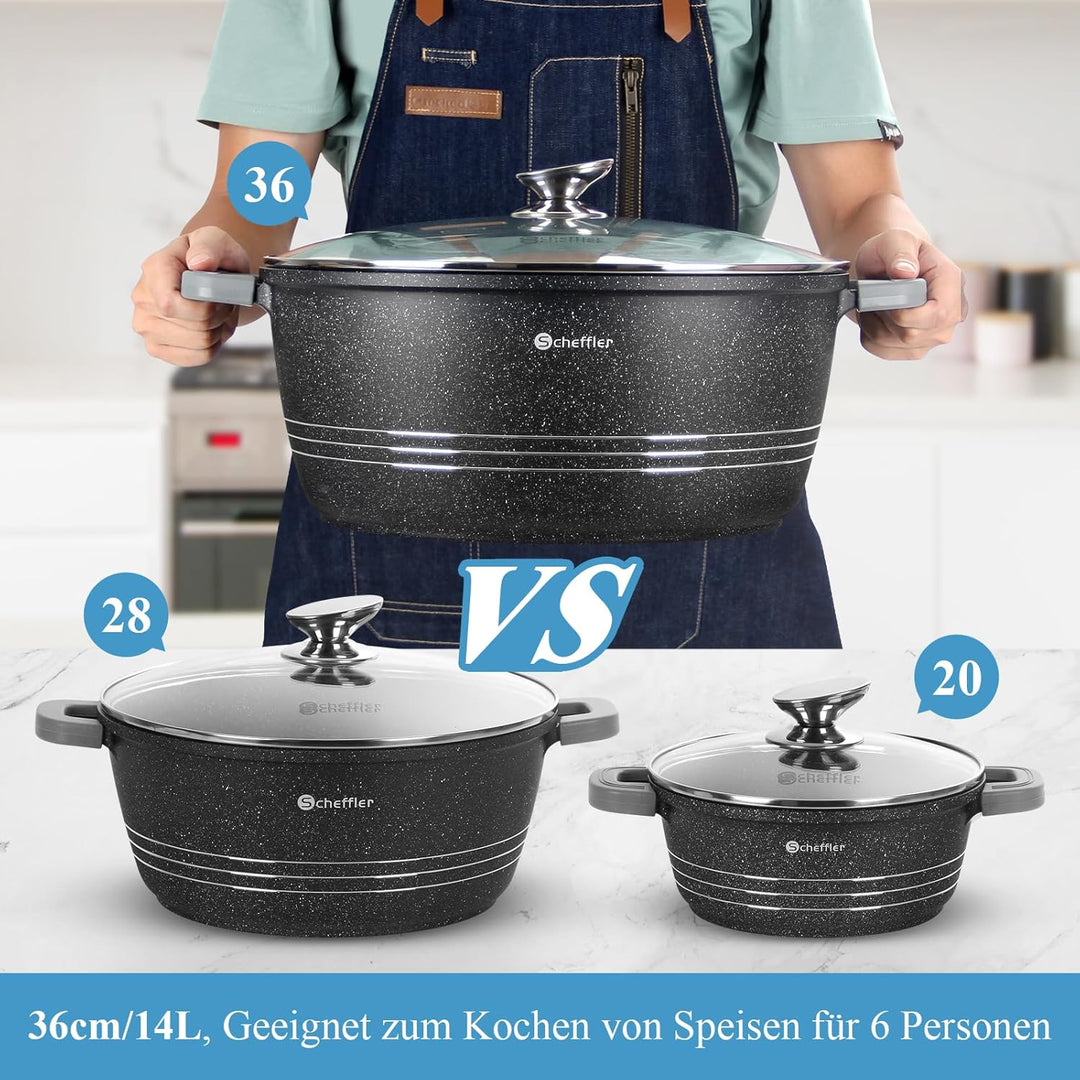 Topfset Scheffler 24cm,4L&28cm,6L&32cm,10L&36cm,14L, Kochtopf Set Induktions Töpfe Set mit Glasdecke
