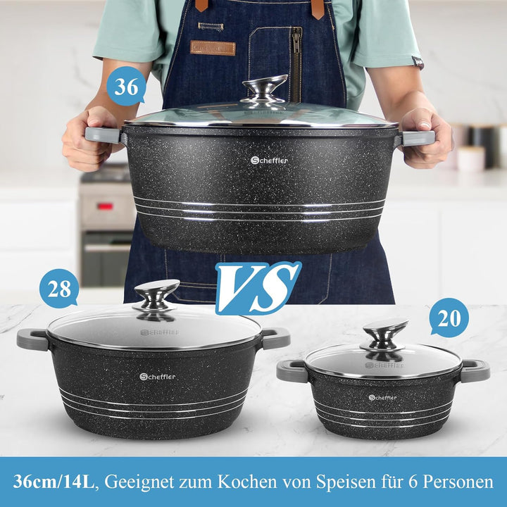 Topfset Scheffler 24cm,4L&28cm,6L&32cm,10L&36cm,14L, Kochtopf Set Induktions Töpfe Set mit Glasdecke