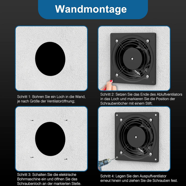 Hon&Guan Abluftventilator 150mm mit Schalter, Badlüfter Industrielle Metal 38W Aussenläufermotor Wan