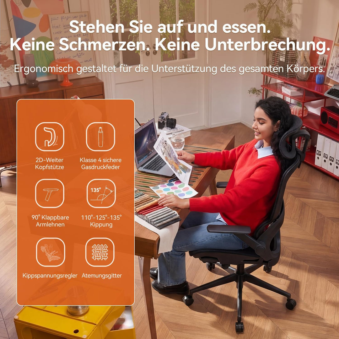 SIHOO Bürostuhl Ergonomisch, Schreibtischstuhl mit 4D Dynamischer Lordosenstütze, Breiter Kopfstütze