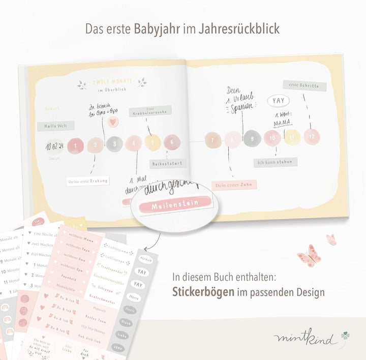 mintkind® Mein erstes Jahr Babyalbum Blumen rosa – zartes Babytagebuch mit 176 Seiten und Sticker-Se