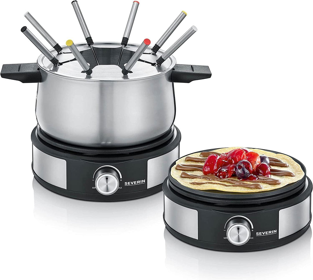 SEVERIN Fondue-Crêpes-Kombination, spülmaschinengeeignetes Fondueset mit 8 farblich markierten Gabel