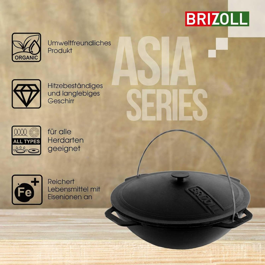 4BIG.fun 8L Gusseisen Schwenktopf Kazan Asia Kasan mit Deckel aus Gusseisen Grillwok Wokpfanne Grill