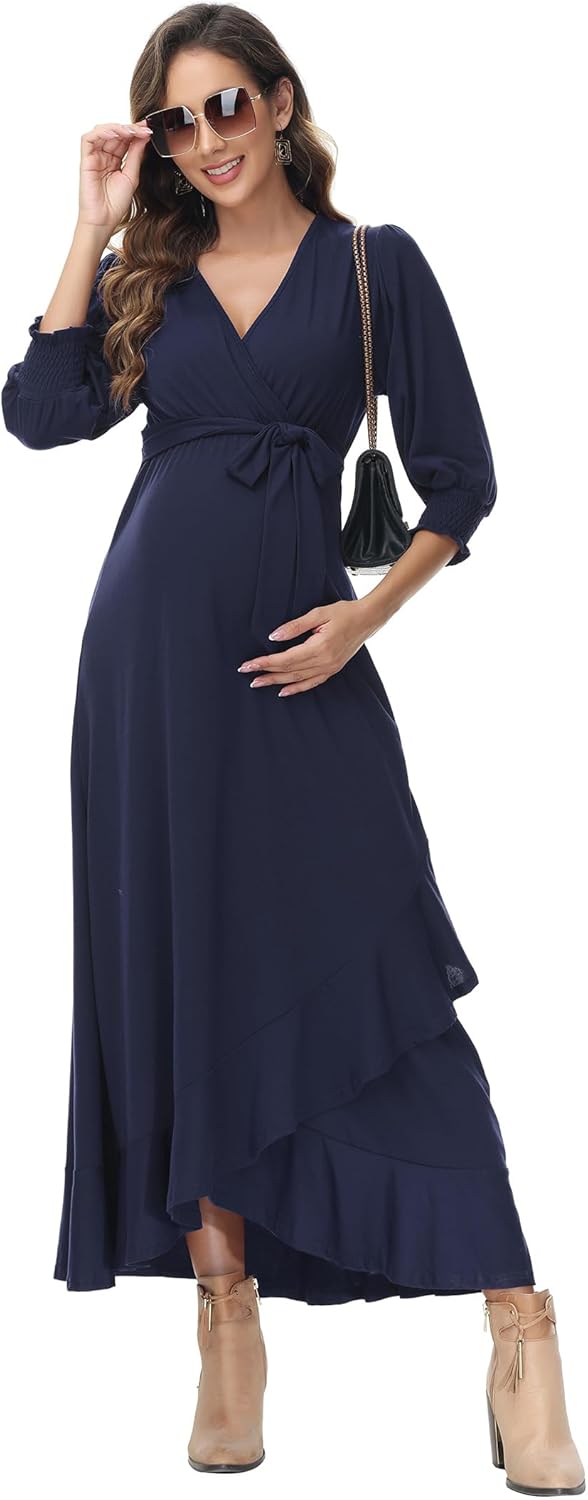 KOJOOIN Damen Umstandskleid V-Ausschnitt Stillkleid Kurzarm Schwangerschaftskleid mit Rüschen Blumen