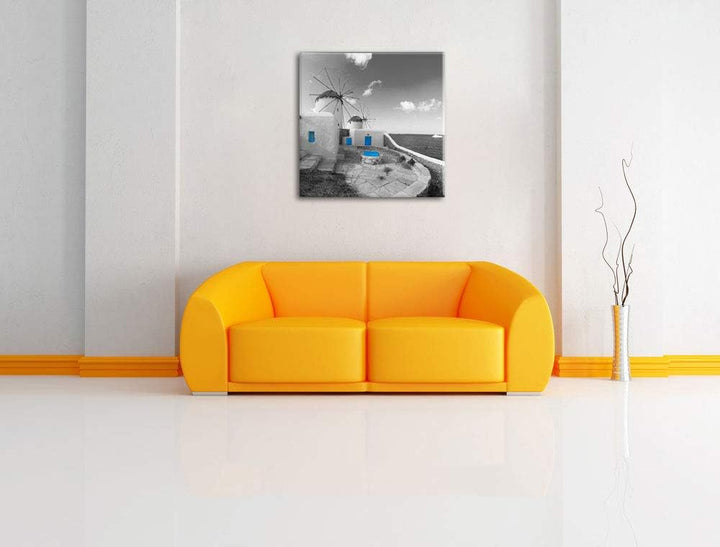 Pixxprint süsse Windmühlen im Mittelmeer schwarz/weiss, Format: 70x70 auf Leinwand, 70x70