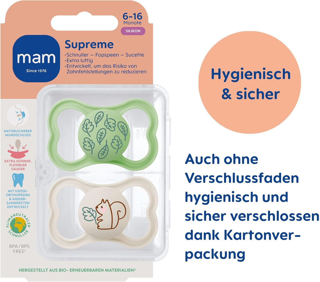 MAM Supreme Schnuller im 2er-Set, Baby Schnuller für eine gesunde Zahn- und Kieferentwicklung, beugt