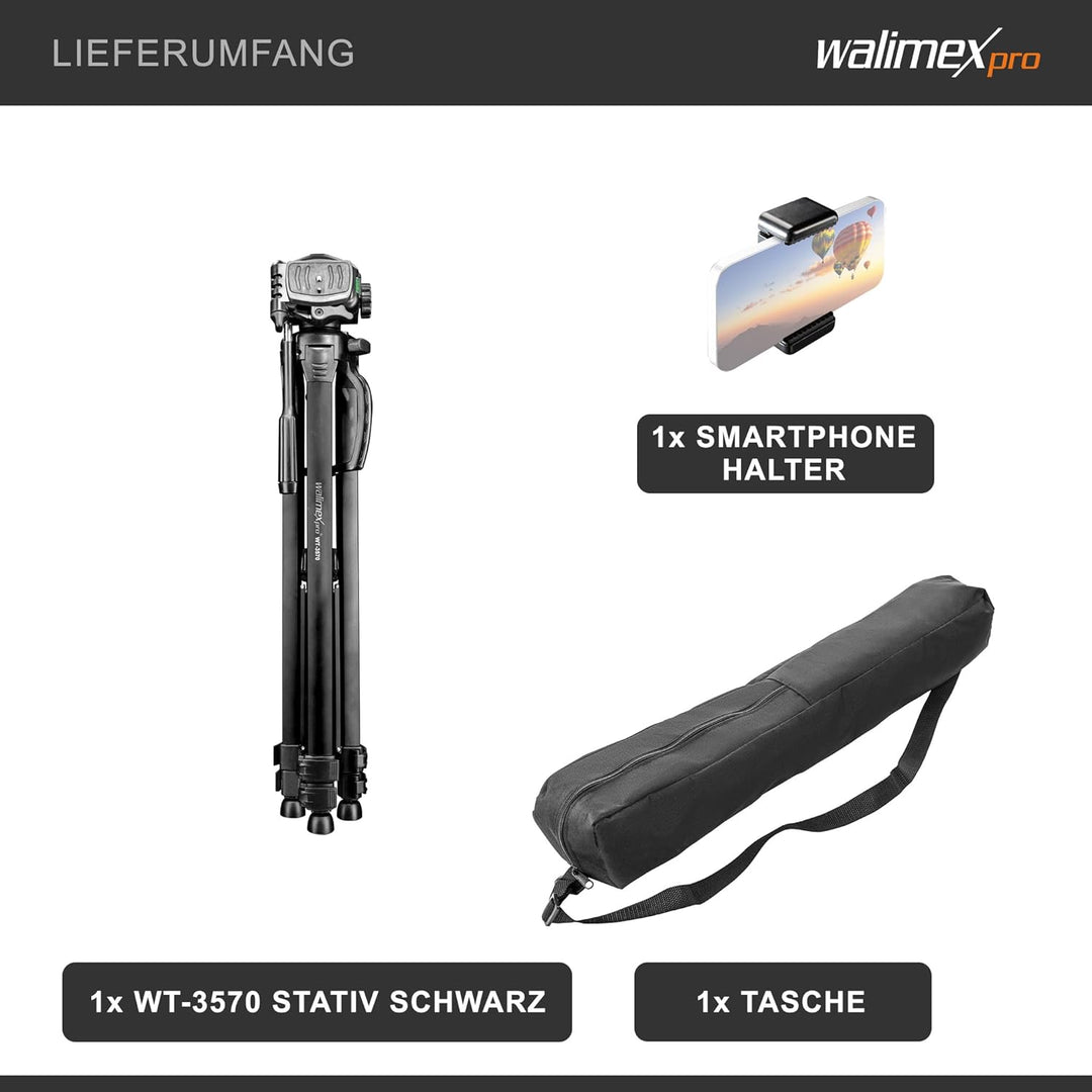 Walimex pro WT-3570 Basic Stativ 168cm schwarz – 4kg Traglast, grosses und stabiles Foto Video Stati