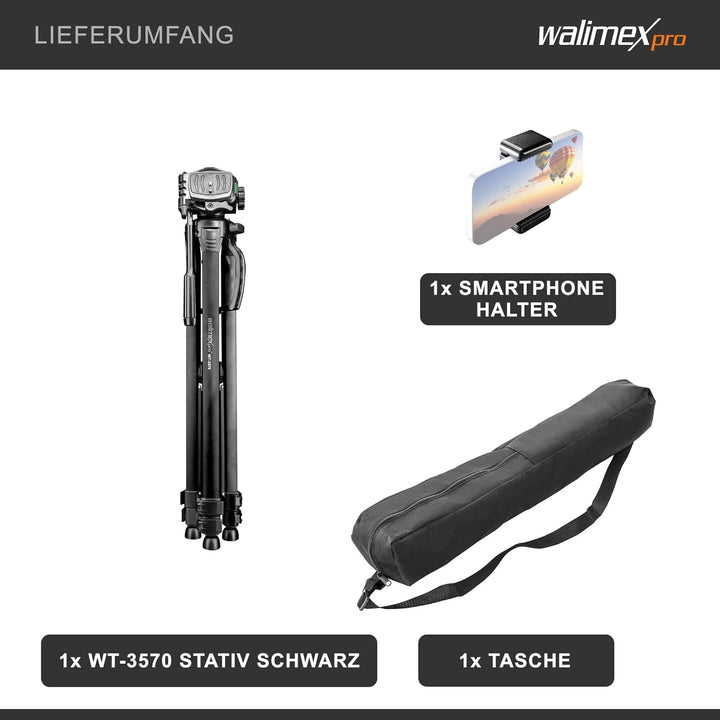 Walimex pro WT-3570 Basic Stativ 168cm schwarz – 4kg Traglast, grosses und stabiles Foto Video Stati