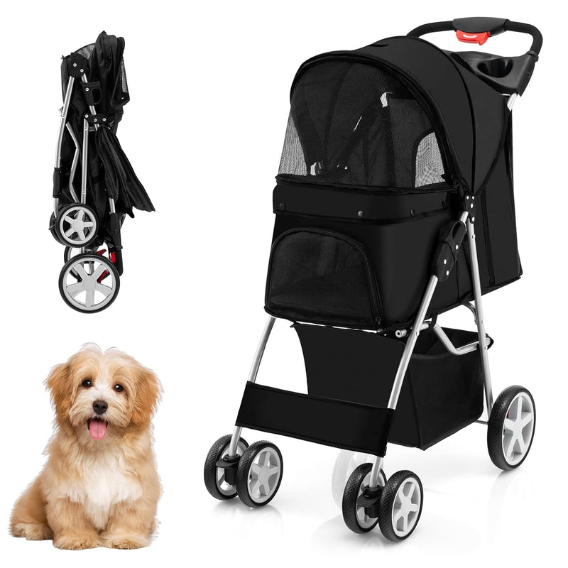 COSTWAY Hundewagen Haustiere Buggy bis 15kg, Hundebuggy mit Netzfenstern & Getränkehalter & Anhänger