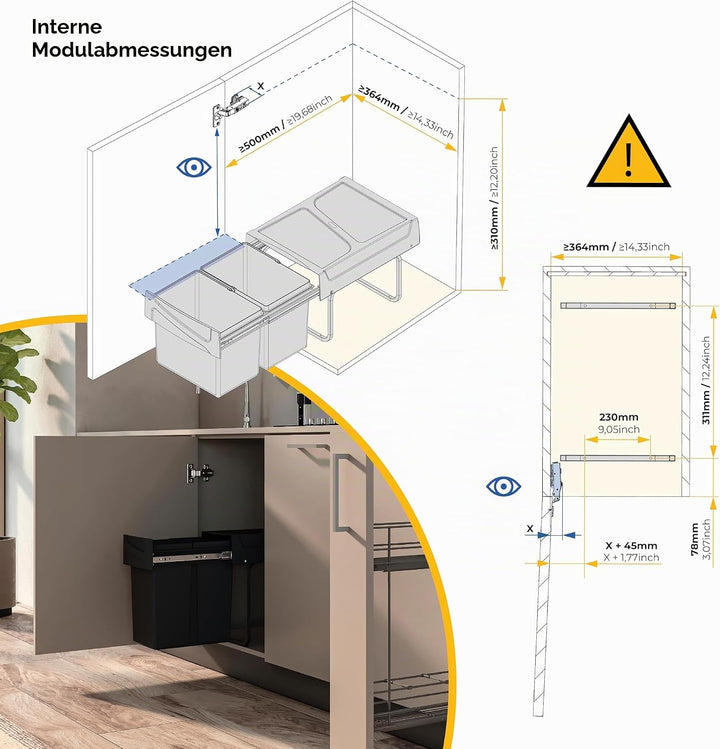 Emuca - Recyclingbehälter für Küche, 2 x 15 L, Bodenbefestigung und Handauszug, Kunststoff, Schwartz