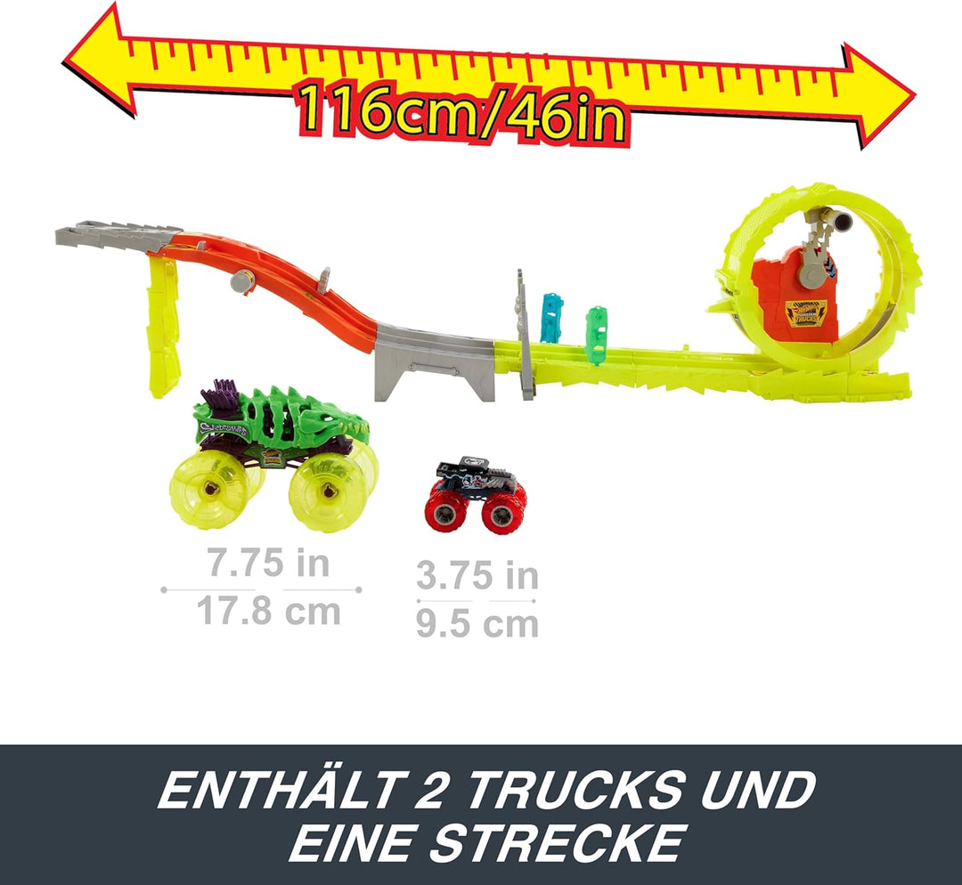 Hot Wheels Monster Trucks Trackset mit 2 Spielzeugtrucks: extragrosser Skelesaurus und 1 Bone Shaker