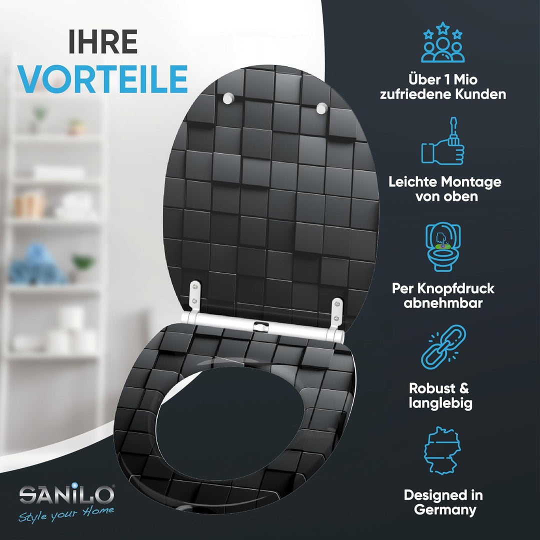 Sanilo WC Sitz mit Absenkautomatik & Schnellverschluss, Toilettendeckel per Knopfdruck abnehmbar, ei