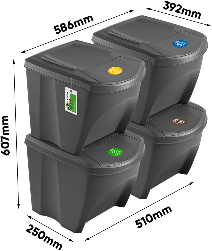 Mülleimer SET Mülltrennsystem 4x25L – Abfalleimer Set mit Deckel und farbigen Aufklebern Recycling B