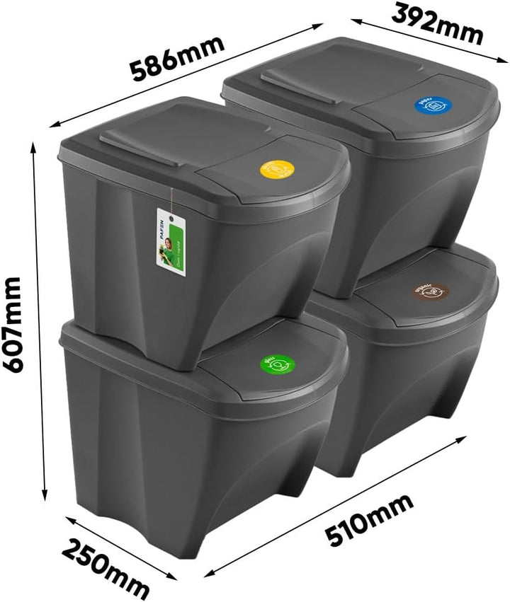 Mülleimer SET Mülltrennsystem 4x25L – Abfalleimer Set mit Deckel und farbigen Aufklebern Recycling B