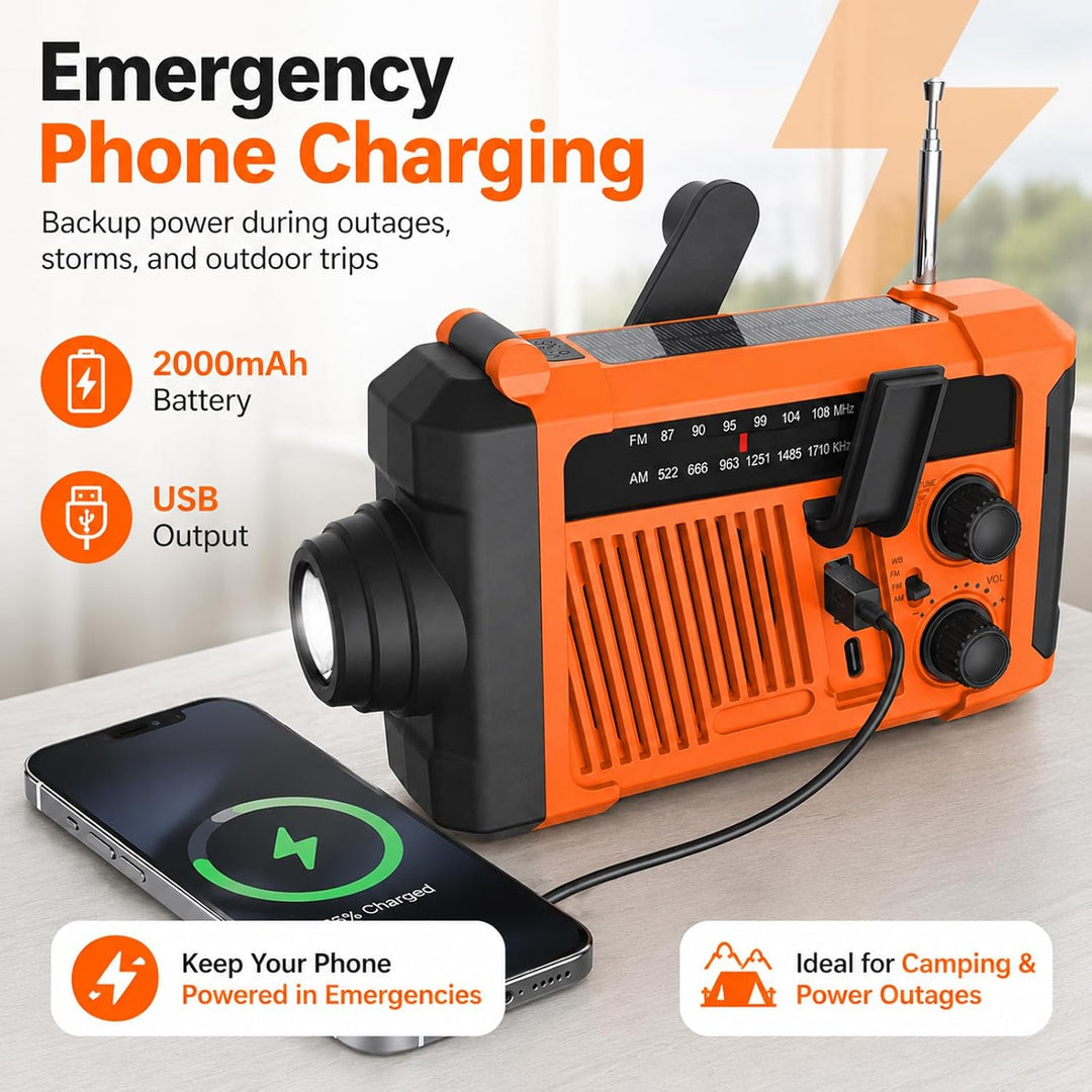 Notfallradio Solarbetriebenes, Kurbelradio mit 2000mAh Akku Powerbank AM/FM Notfall Radio SOS-Alarm