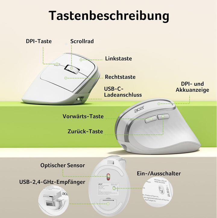 Acer 2.4G Ergonomische Maus, Vertikale Optische Maus Kabellos 1600 DPI, Wiederaufladbar Wireless Mou
