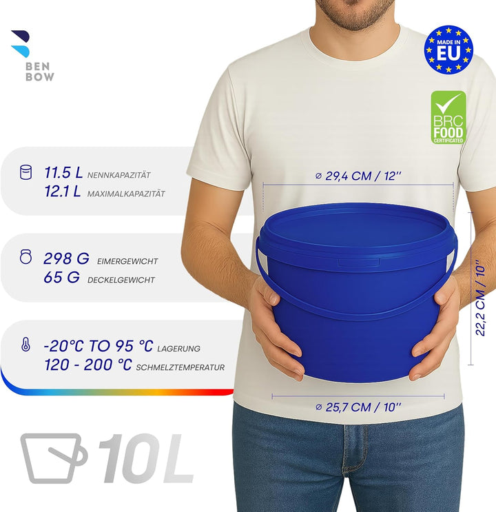 BenBow Eimer mit Deckel 10l blau 20x 10 Liter - lebensmittelecht, stabil, luftdicht, auslaufsicher,