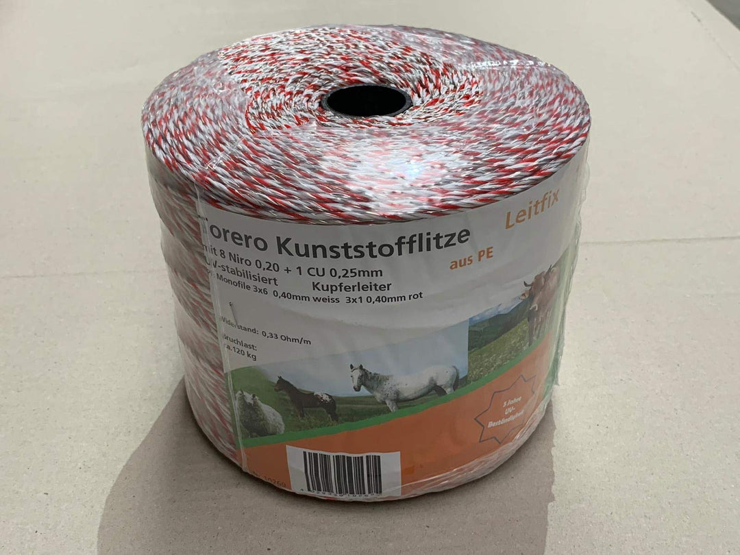 Göbel Weidezaun Litze Torero Leitfix 1000m 8 Niroleiter 1 Kupferleiter 0,23 Ohm/m weiss rot