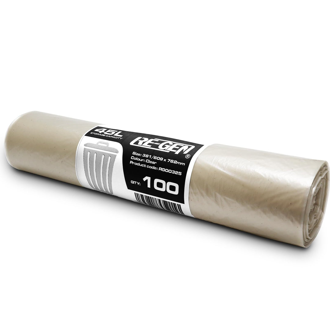 RE-GEN 1 Rolle | 100 Beutel | 45 l, 10 kg laden, transparente, robuste Müllbeutel, Müllsäcke, für de