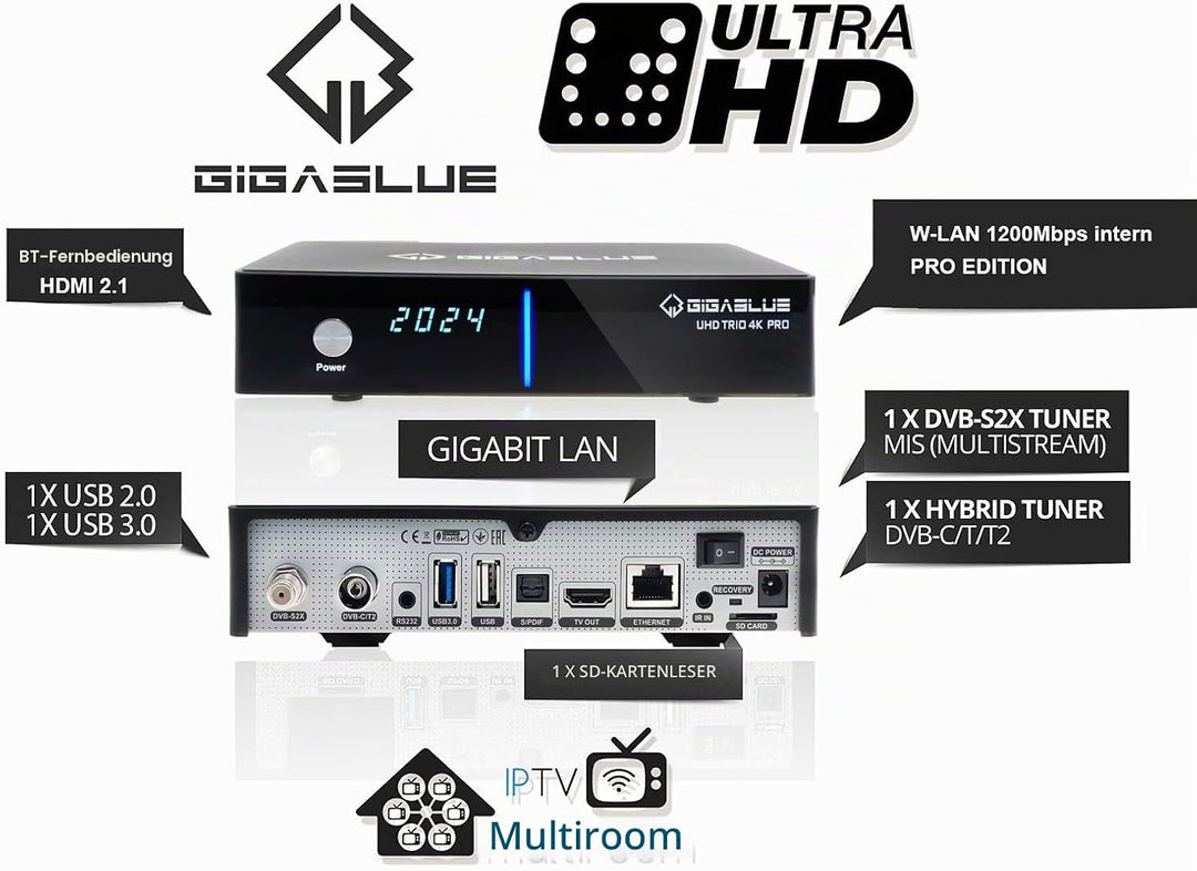 GigaBlue UHD Trio 4K PRO Kabel Sat-Receiver DVB-S2X/C/T2 Tuner | mit 512 GB Festplatte PVR Aufnahmef