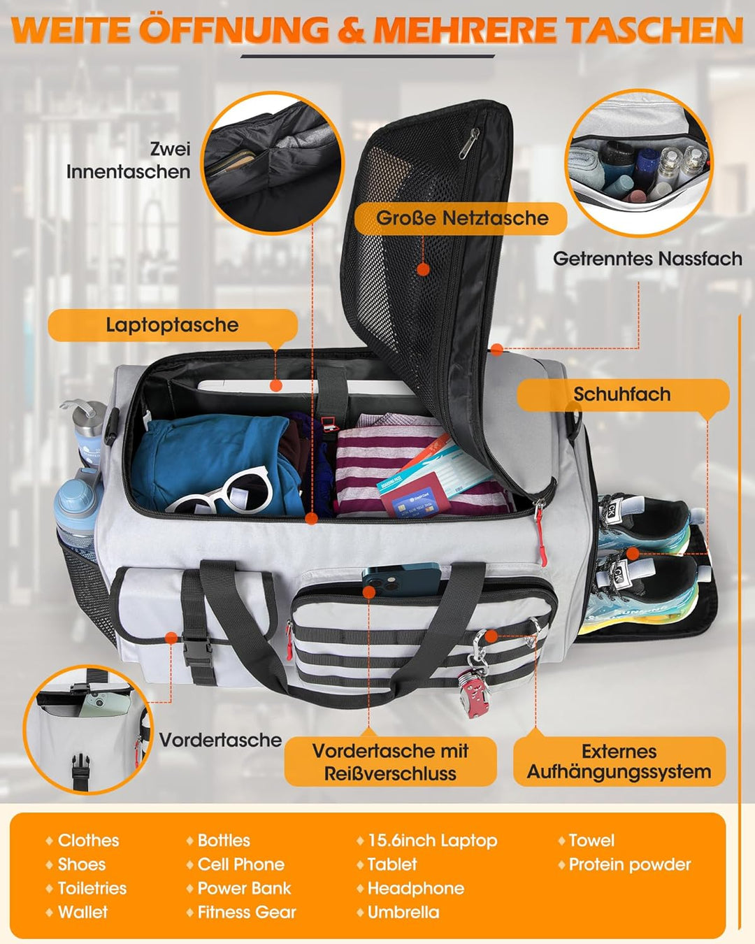 RAINSMORE 3 IN 1 Sporttasche Herren 45L Reisetasche Rucksackfunktion Handgepäck mit Schuhfach Latopf
