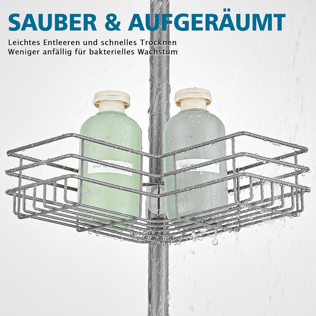 Duschablage ohne Bohren Teleskop Duschregal Metall Eckregal Badregal mit 4 Duschkörben, Höhenverstel