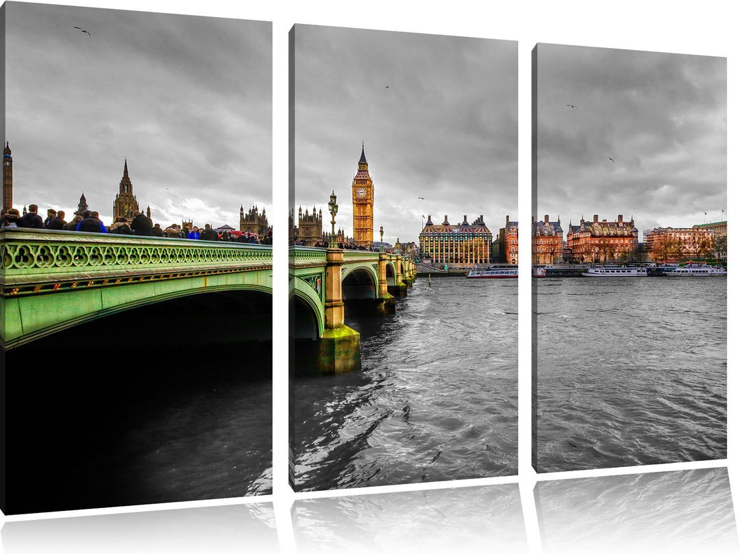 Pixxprint Skyline von London mit Themse und Big Ben schwarz/weiss 3-Teiler Leinwandbild 120x80 Bild