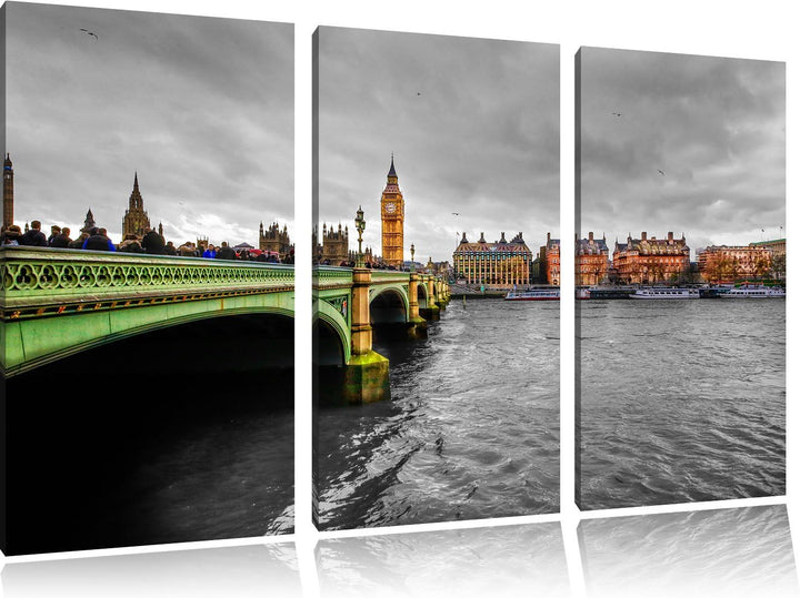 Pixxprint Skyline von London mit Themse und Big Ben schwarz/weiss 3-Teiler Leinwandbild 120x80 Bild