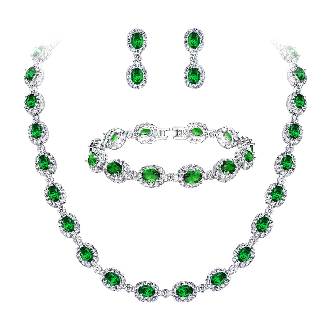 EVER FAITH Damen CZ Hochzeit Braut Oval Teardrop Halskette Ohrringe Armband Set Silber-Ton Grün Silb