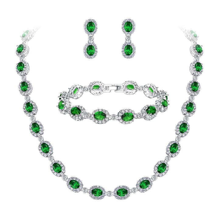 EVER FAITH Damen CZ Hochzeit Braut Oval Teardrop Halskette Ohrringe Armband Set Silber-Ton Grün Silb