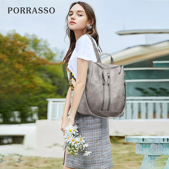 PORRASSO Mode Rucksack Damen Umhängetasche Frauen Wasserdicht Daypack Mädchen Schultasche Leder Ruck