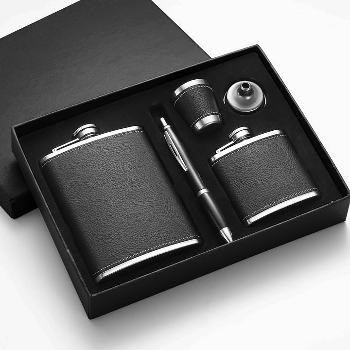 Flachmann Geschenkset Personalisiert 8oz+3oz, Schwarz Leder Mit Schnapsbecher Edelstahl, Signatursti