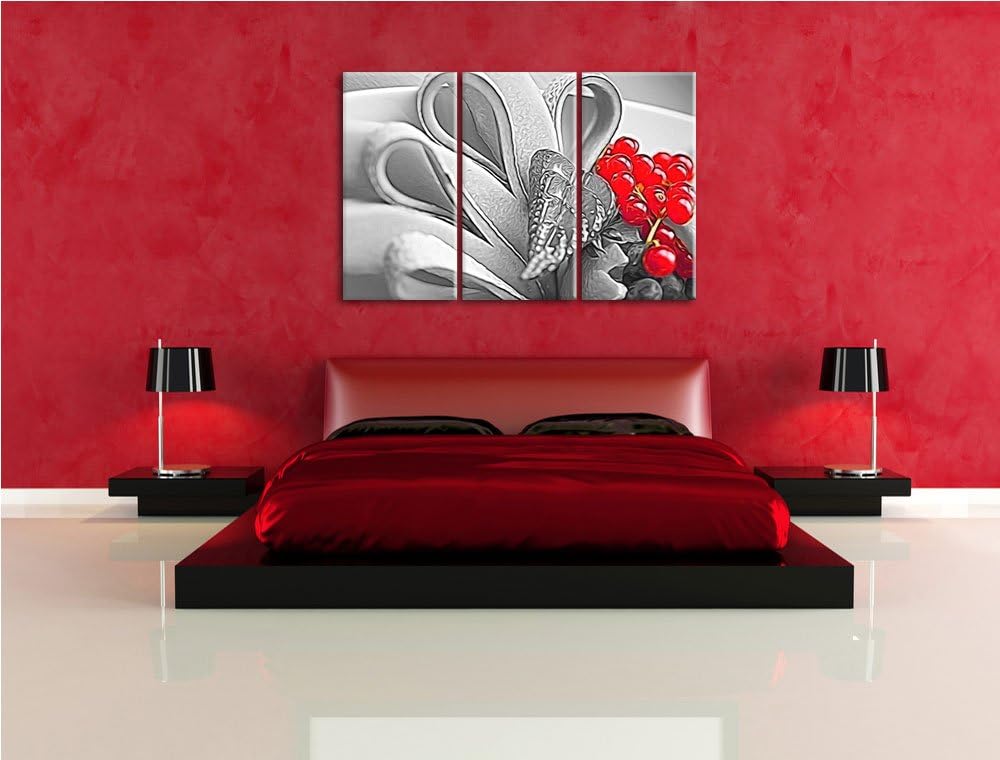 bunte frische Obstschale schwarz/weiss Deluxe 3-Teiler Leinwandbild 120x80 Bild auf Leinwand, XXL ri