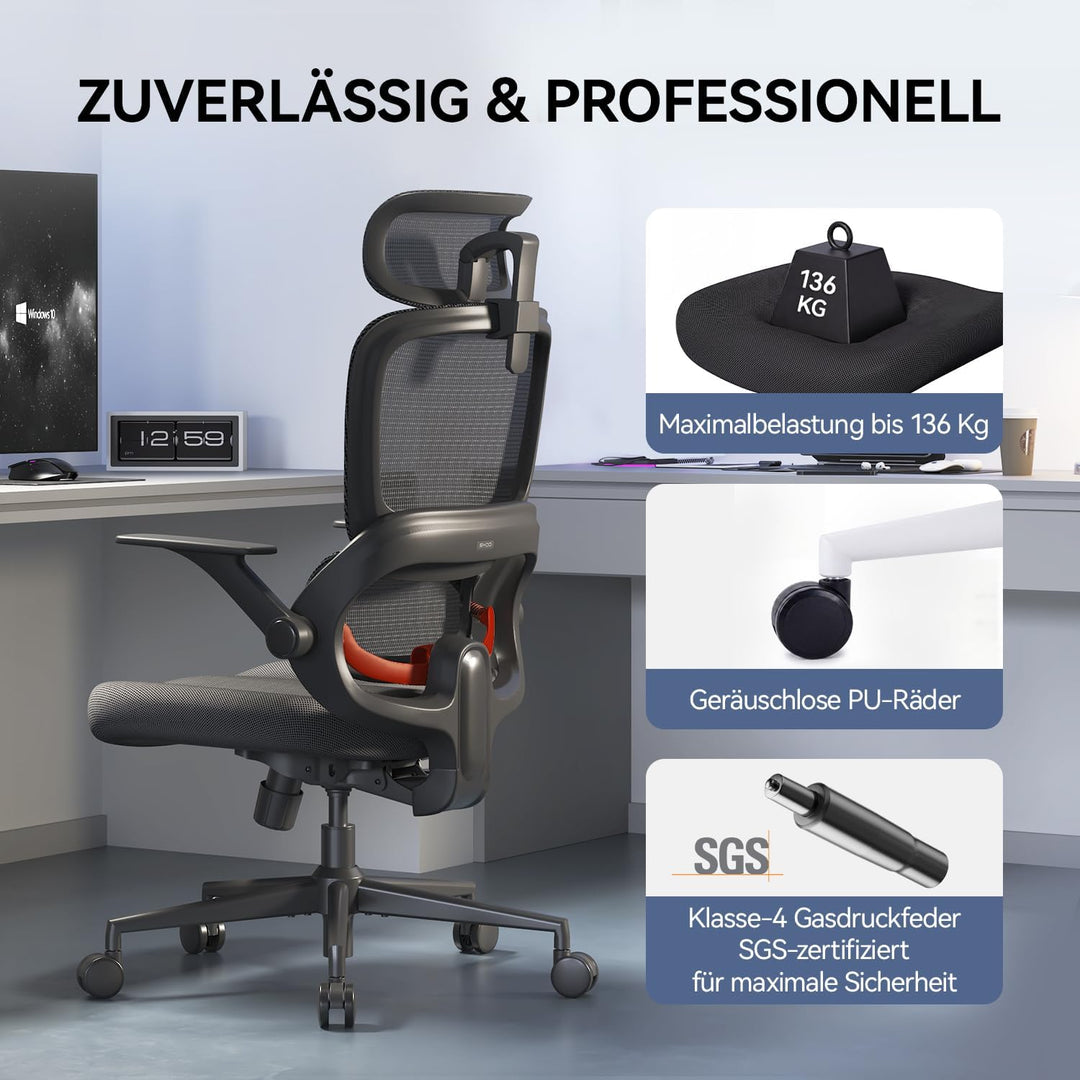 SIHOO B100-SE Ergonomischer Bürostuhl, Schreibtischstuhl mit Mesh-Bezug, Individuell einstellbare Ko