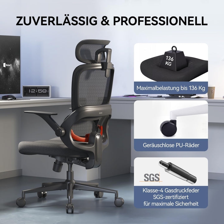 SIHOO B100-SE Ergonomischer Bürostuhl, Schreibtischstuhl mit Mesh-Bezug, Individuell einstellbare Ko