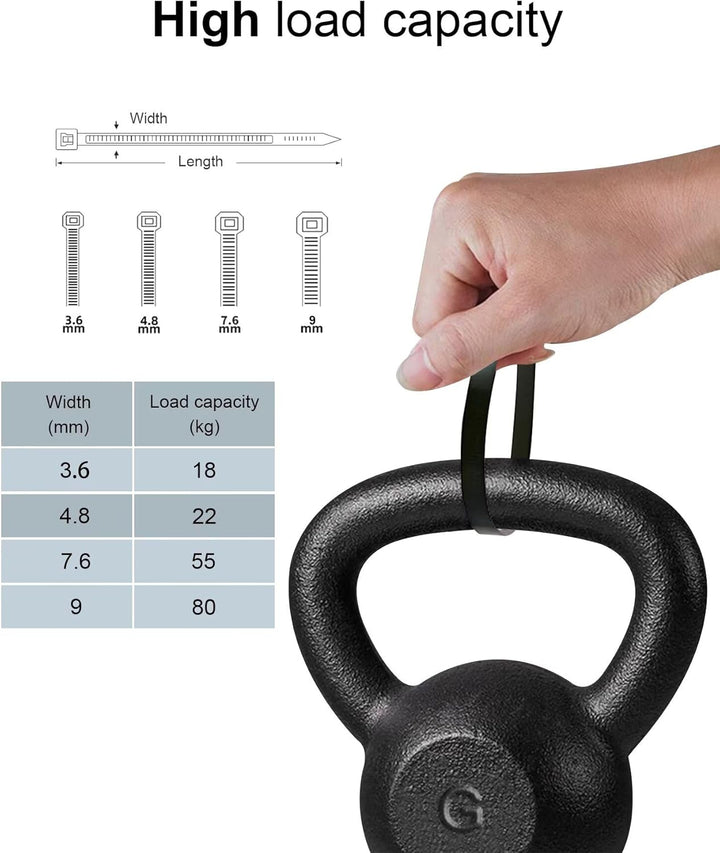 Dicke Kabelbinder, strapazierfähig, 450 mm x 7,6 mm, starke grosse Kabelbinder, schwarz mit 22 kg Zu