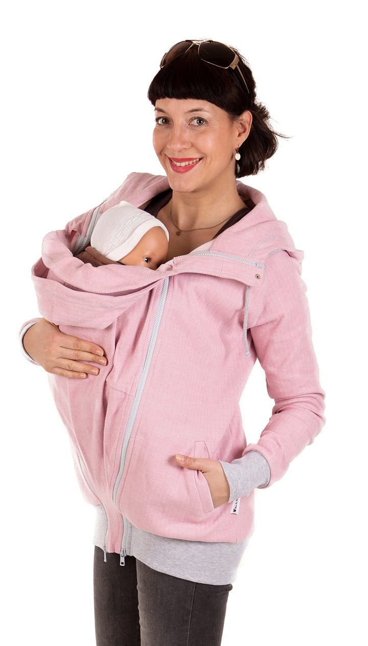 Viva la Mama 3in1 leichte Tragejacke für Mama und Baby, Umstandsjacke - CLEO XXL Rosa Fischgräte, XX