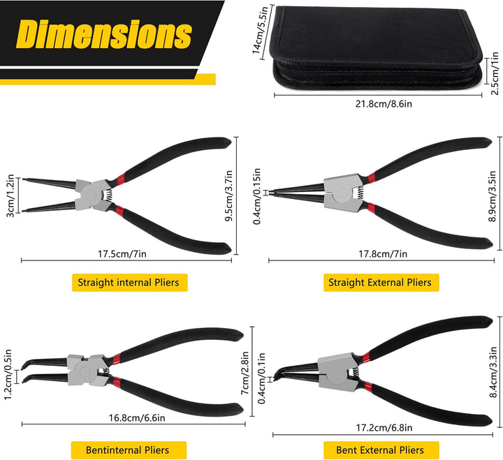 Sprengringzangen Set, 4 Stück 180mm Sicherungsringzange Interne und Externe, Kieferautomotive Werkze