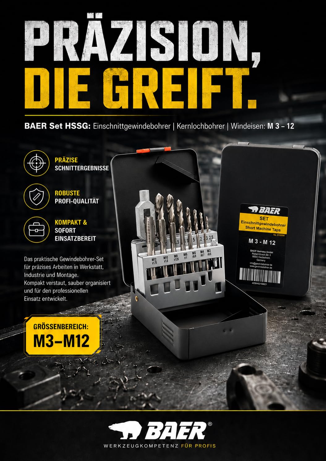 BAER Gewindeschneider Set HSSG: Einschnittgewindebohrer, Kernlochbohrer, Windeisen: M 3-12 - Gewinde