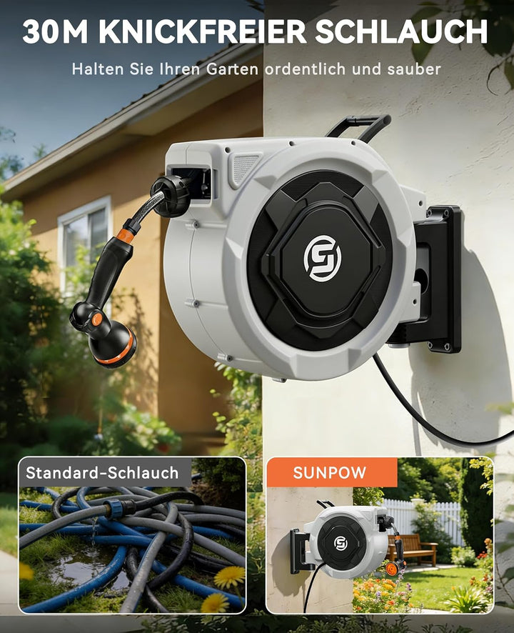 SUNPOW Schlauchtrommel Wandmontage 30m Gartenschlauch 16 mm – Automatischer Schlauchaufroller mit Ar