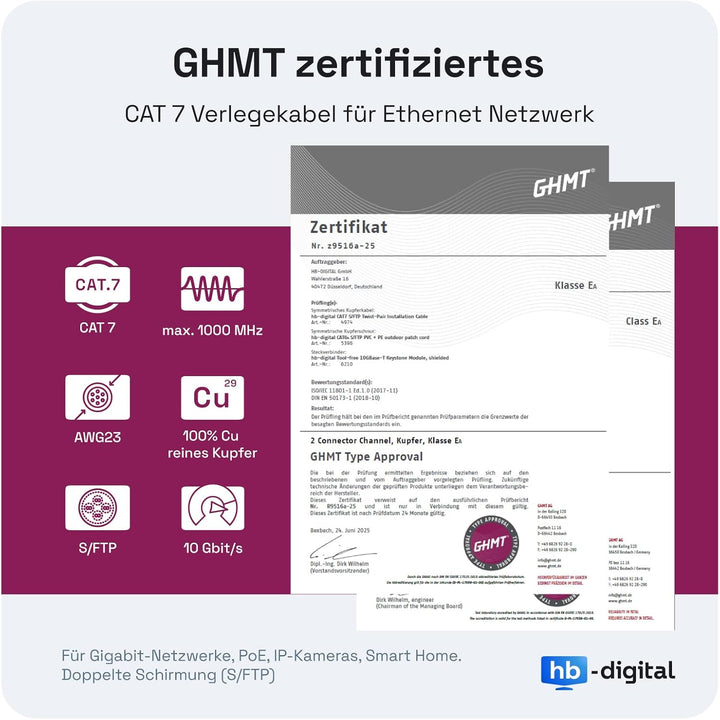 HB-DIGITAL 100m CAT.7 Netzwerkkabel LAN Kabel Verlegekabel AWG 23 Reines Kupfer S/FTP PiMF LSZH Halo