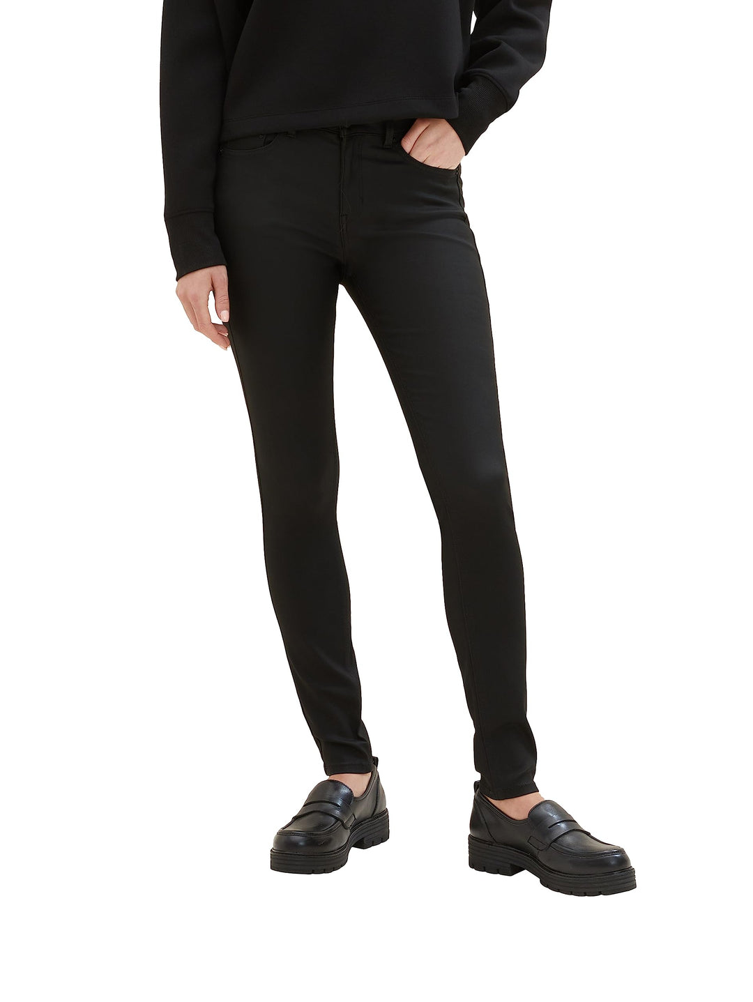 TOM TAILOR Denim Damen NELA Extra Skinny Jeans in Leder-Optik 26W / 32L 10275 - Coated Black Denim,