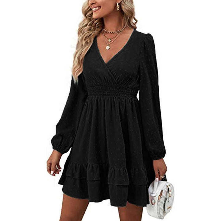 Damen Langarm Kleid V-Ausschnitt Wickelkleid Tunika Kleider Partykleid Sexy Casual Midikleid Elegant