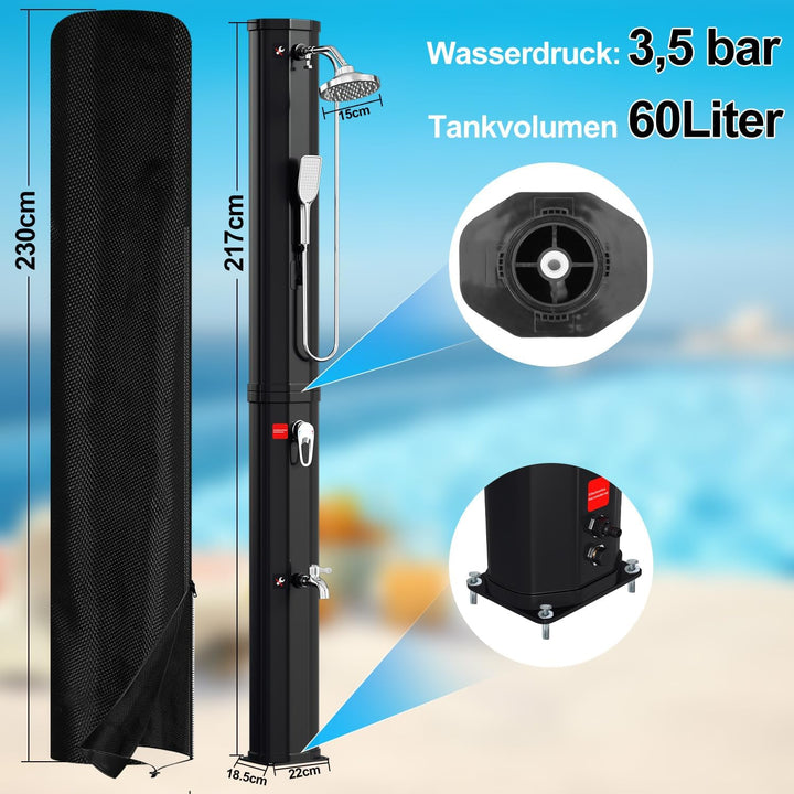 Solardusche 60 Liter Solar Gartendusche mit Schutzhaube und handbrause, schwenkbarer Duschkopf, inte