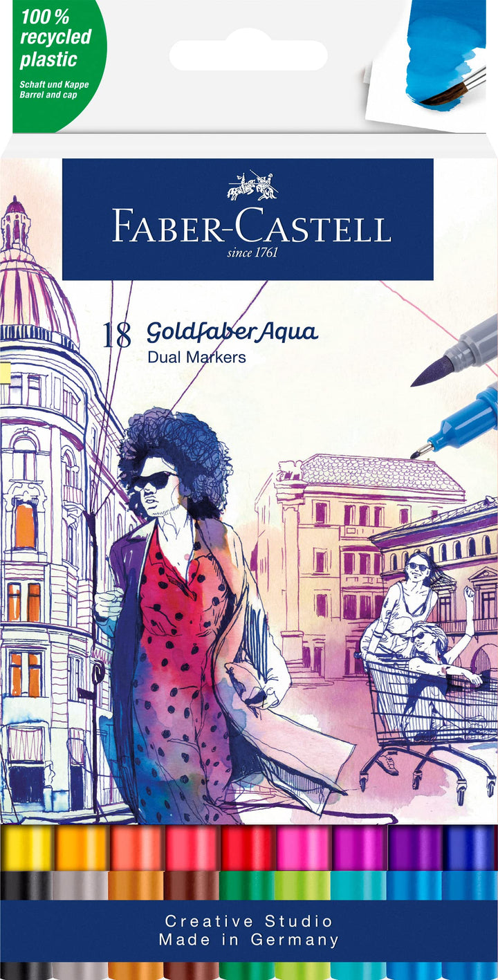 Faber-Castell 164618 - Goldfaber Aqua Dual Marker, mit Pinselspitze und Fineliner Spitze, 18er Etui