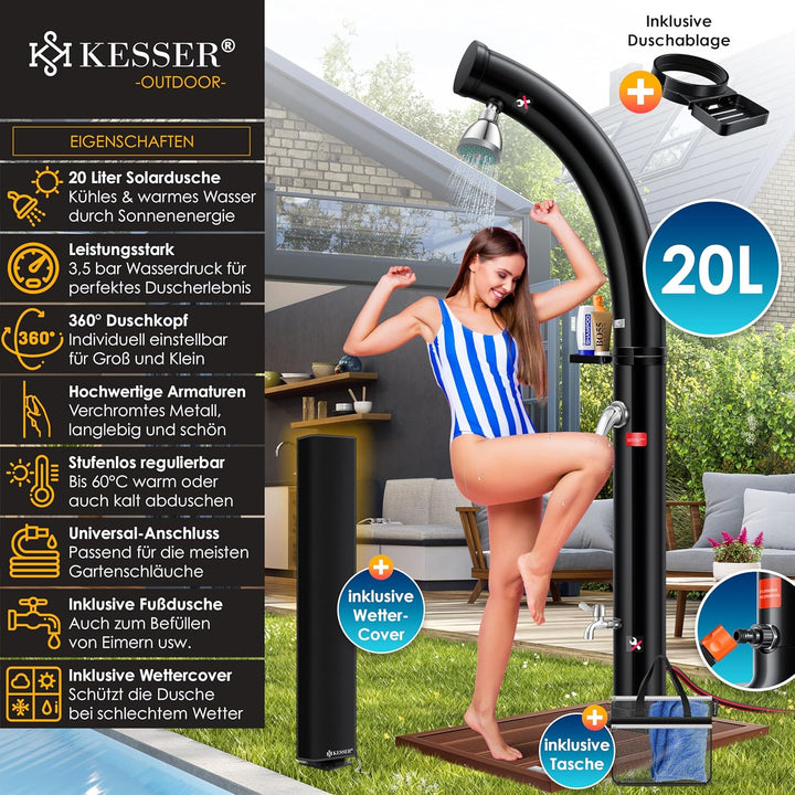 KESSER® Solar Gartendusche Solardusche Bogen Inkl. Schutzhaube warmes Wasser | 20 Liter | max. 60°C