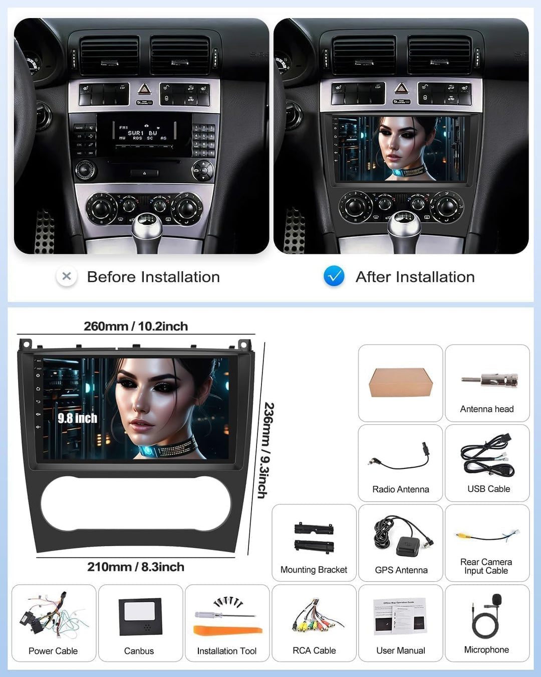 CAMECHO 4G+64G 8Core Android 15 Autoradio mit Navi für Mercedes Benz C Klasse W203 W209 C180 C200 20